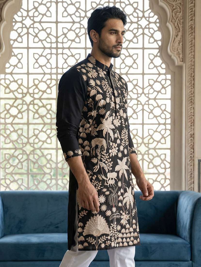 men solid with work mandarin neck long kurta - 22442892 -  Standard Image - 3