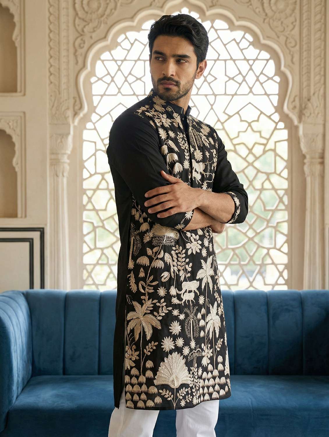 men solid with work mandarin neck long kurta - 22442892 -  Standard Image - 5