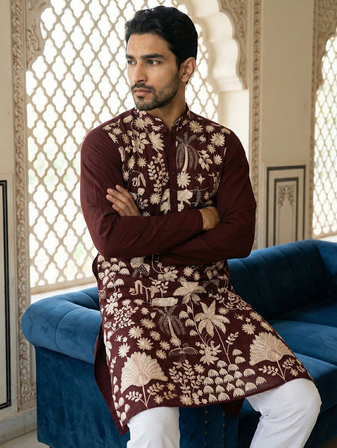 men solid with work mandarin neck long kurta