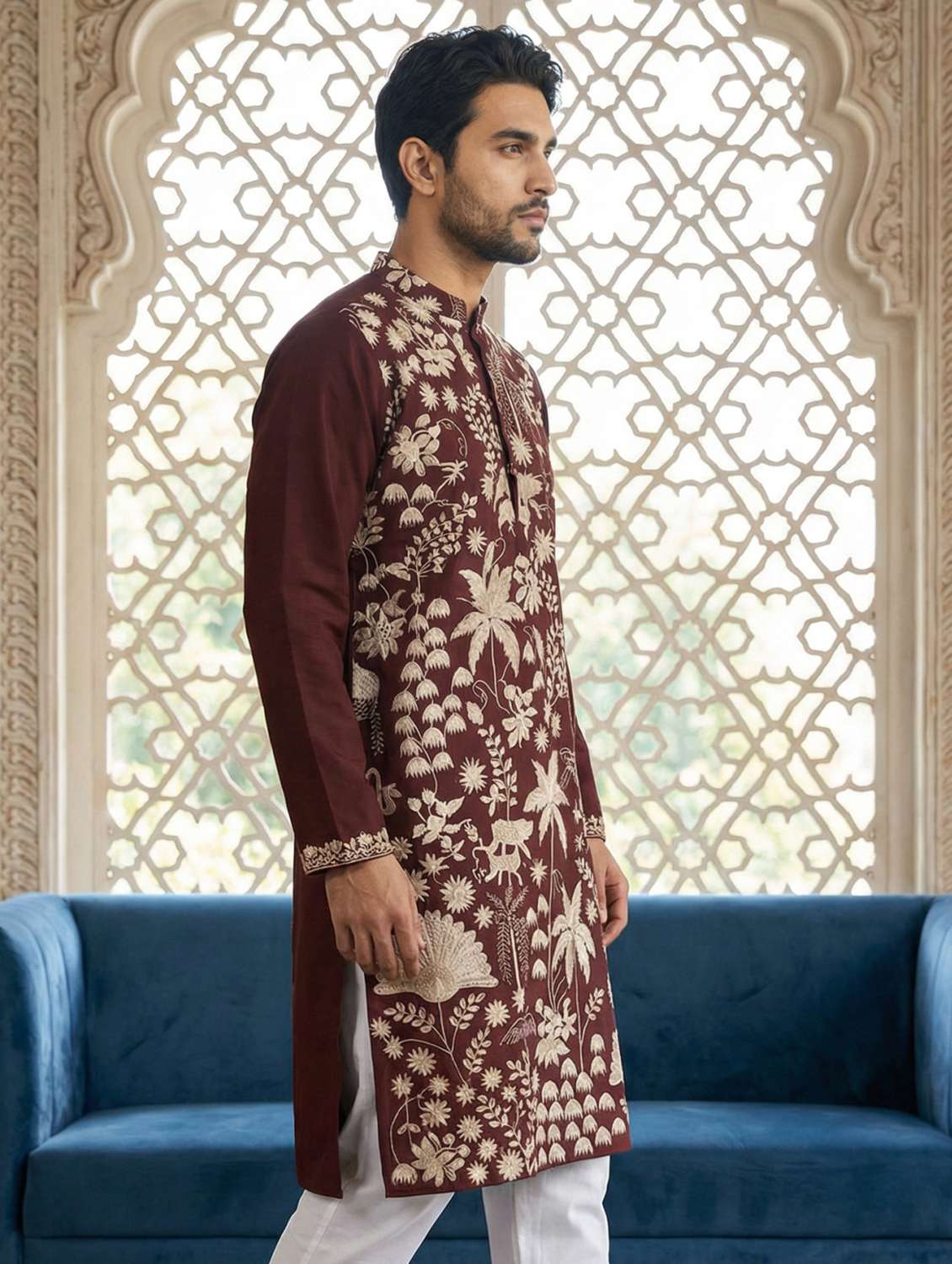 men solid with work mandarin neck long kurta - 22442894 -  Standard Image - 5