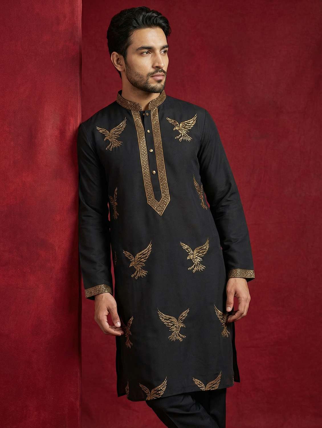 men solid with work mandarin neck long kurta