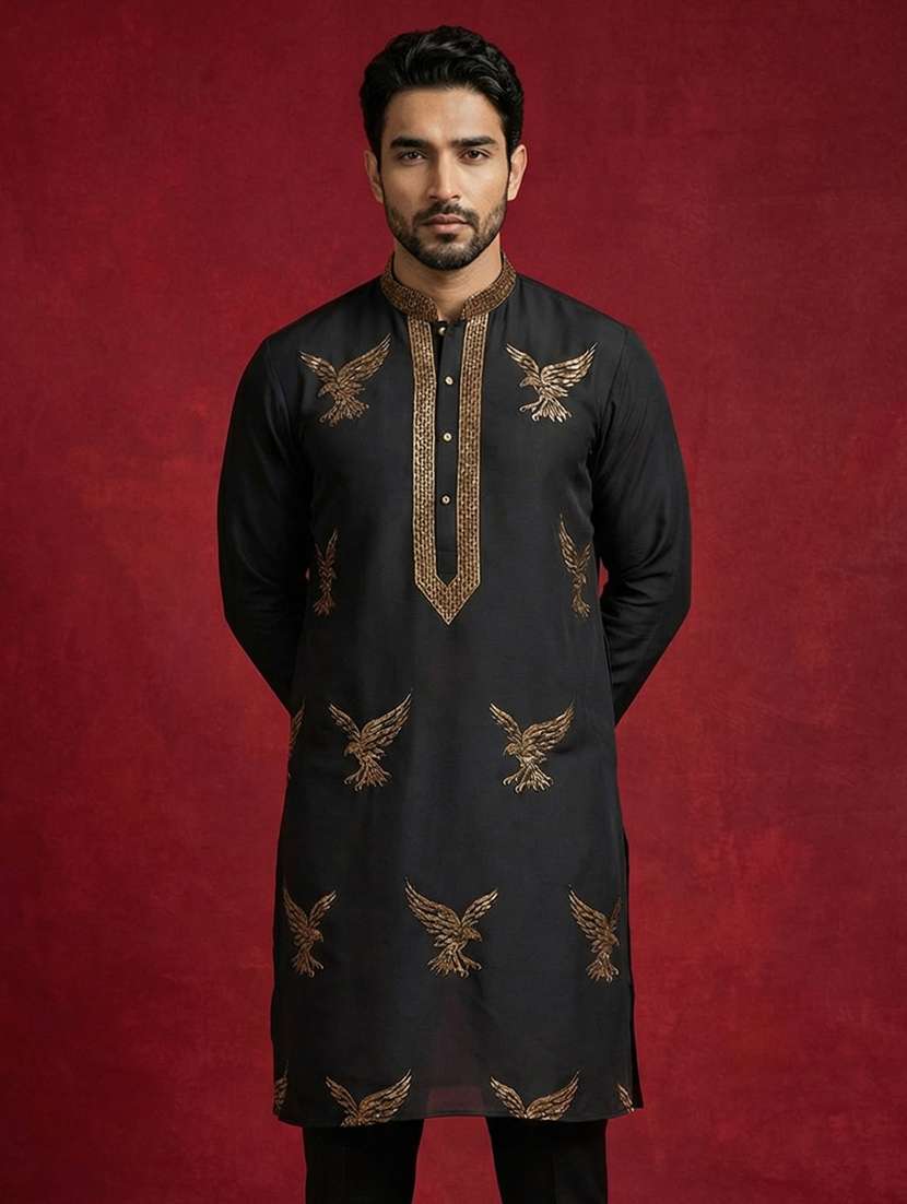 men solid with work mandarin neck long kurta - 22442900 -  Standard Image - 3