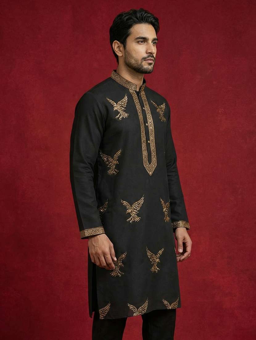 men solid with work mandarin neck long kurta - 22442900 -  Standard Image - 5