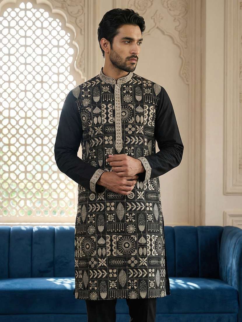 men solid with work mandarin neck long kurta