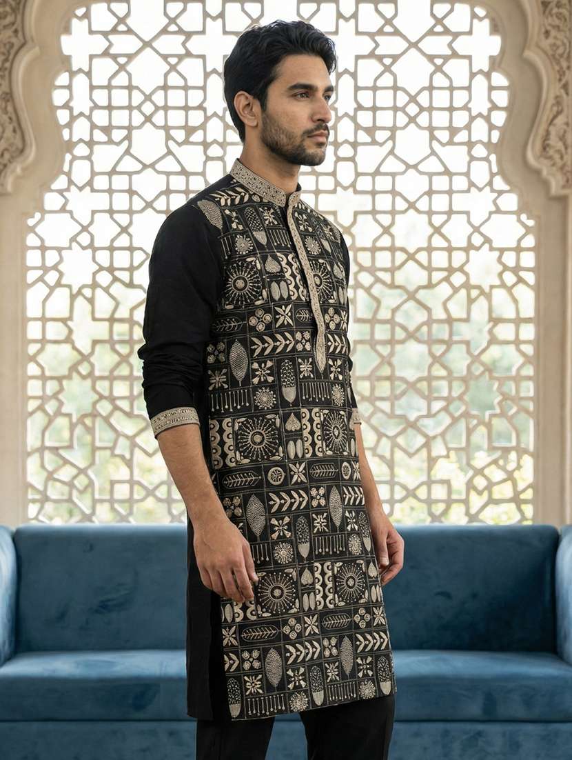 men solid with work mandarin neck long kurta - 22442902 -  Standard Image - 3