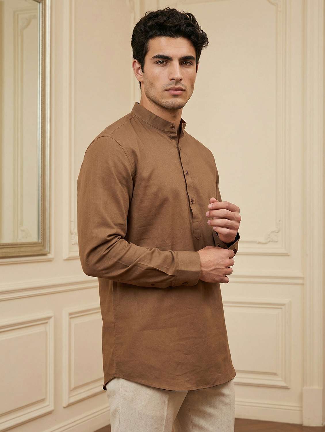 men solid mandarin neck short kurta - 22442906 -  Standard Image - 3