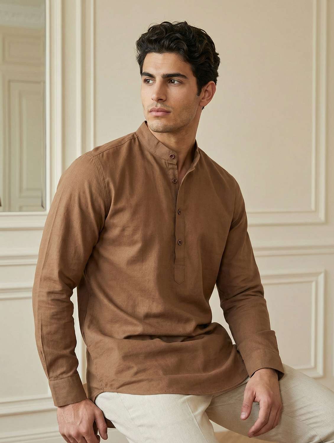 men solid mandarin neck short kurta - 22442906 -  Standard Image - 5