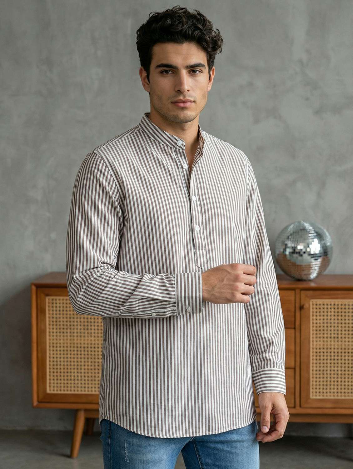 men striped mandarin neck short kurta - 22442909 -  Standard Image - 3