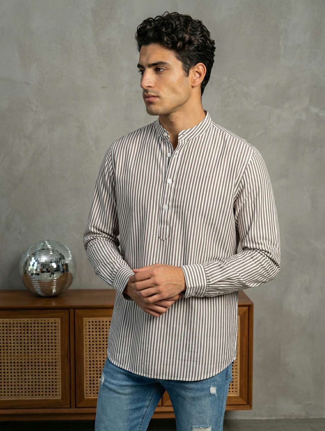 men striped mandarin neck short kurta - 22442909 -  Standard Image - 5