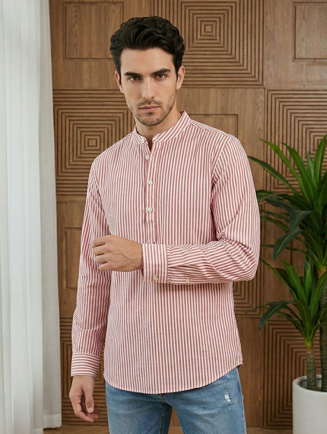 men striped mandarin neck short kurta