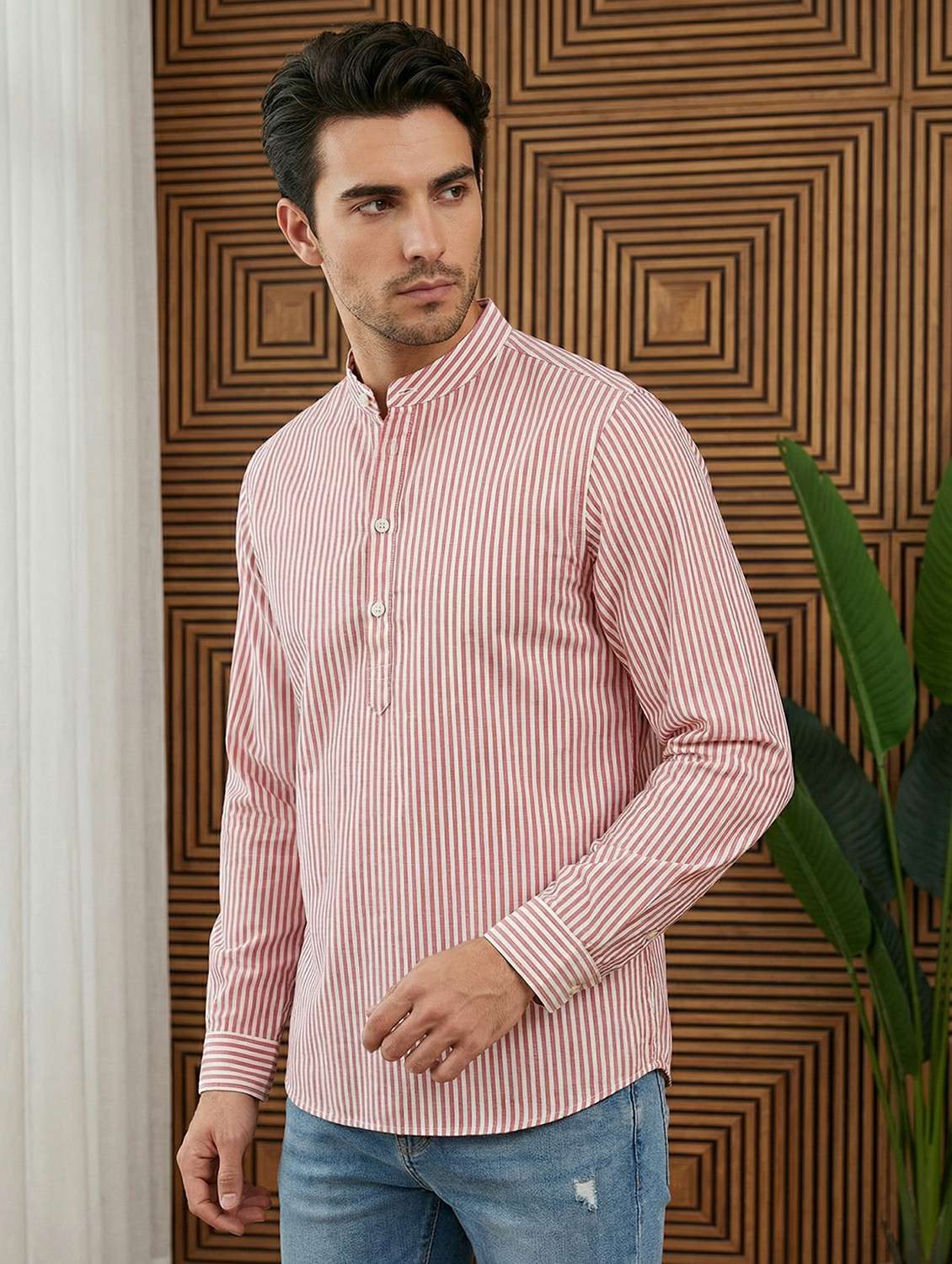 men striped mandarin neck short kurta - 22442911 -  Standard Image - 3
