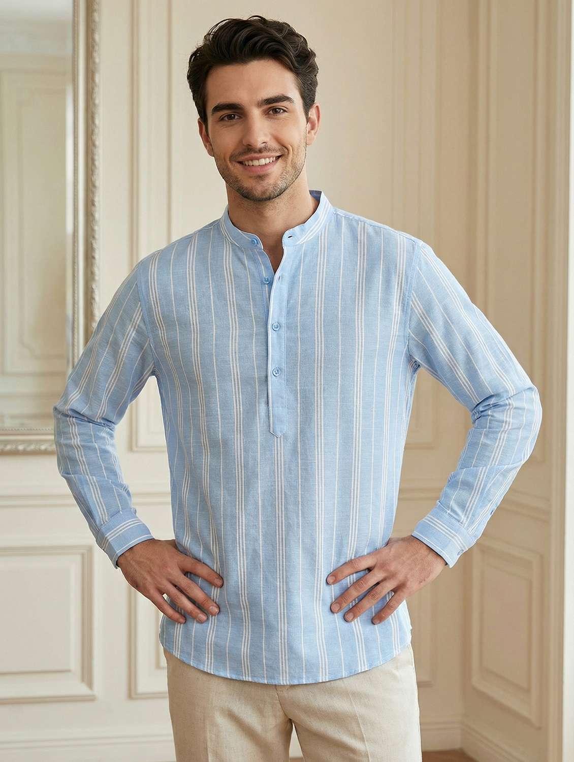 men striped mandarin neck short kurta