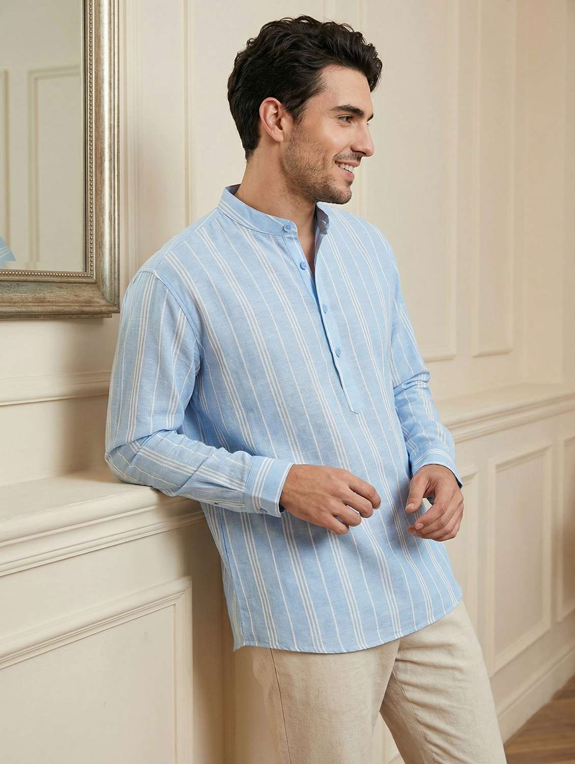 men striped mandarin neck short kurta - 22442915 -  Standard Image - 3