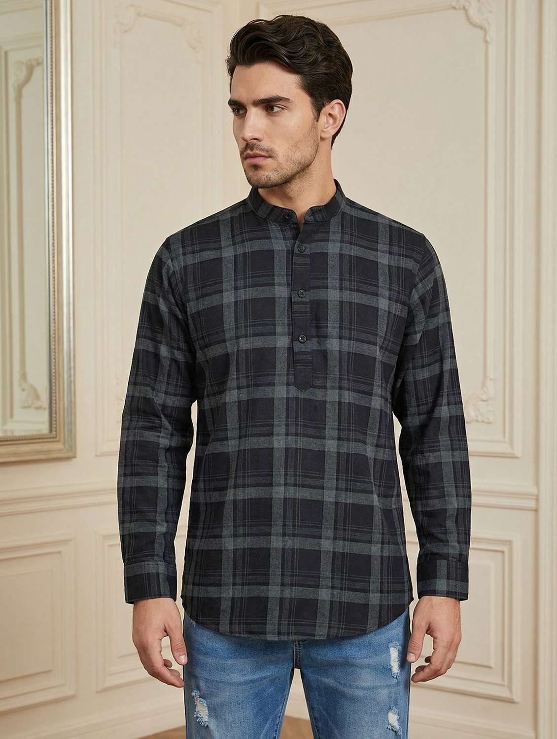 men checkered mandarin neck short kurta
