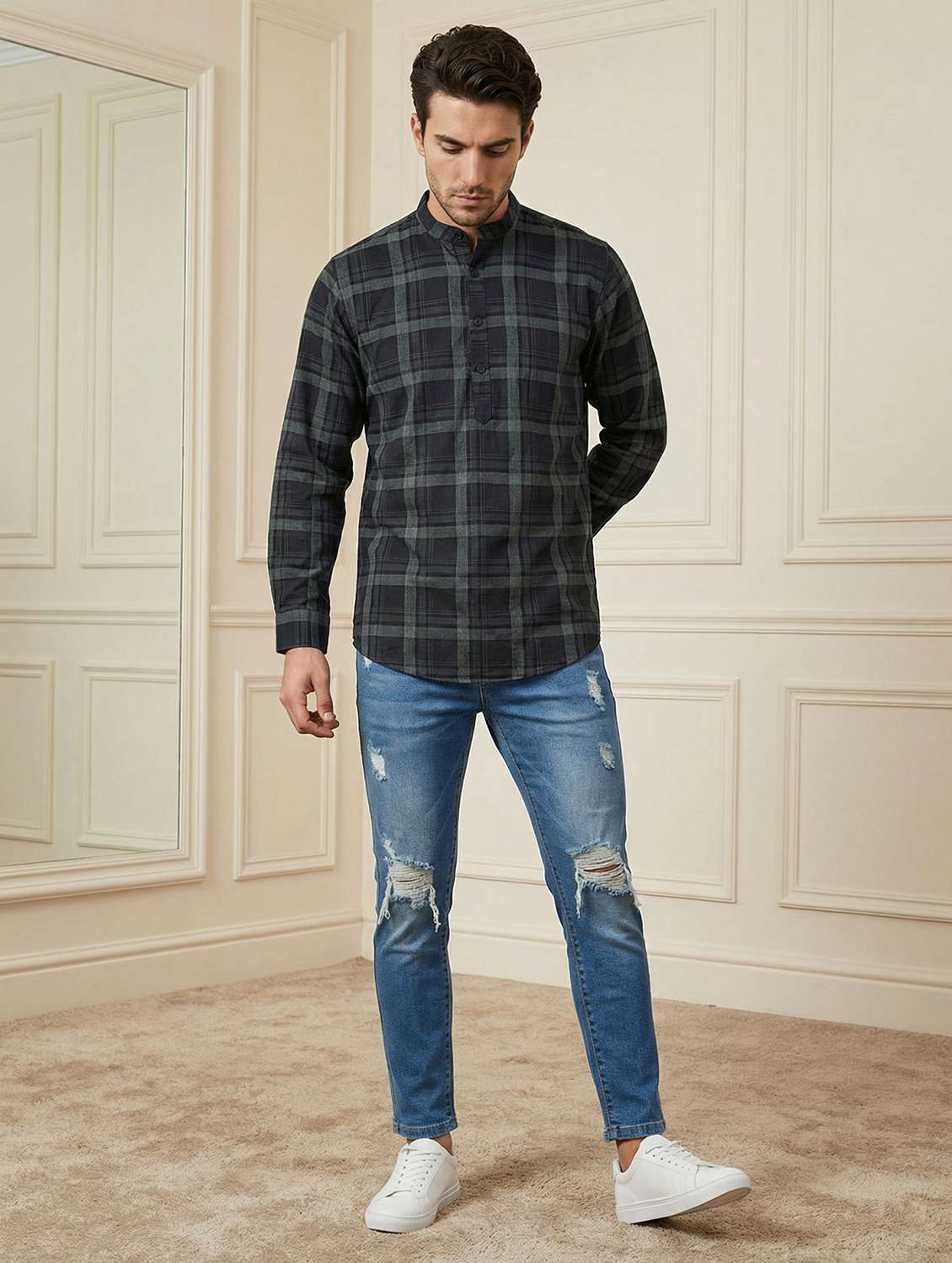 men checkered mandarin neck short kurta - 22442916 -  Standard Image - 5