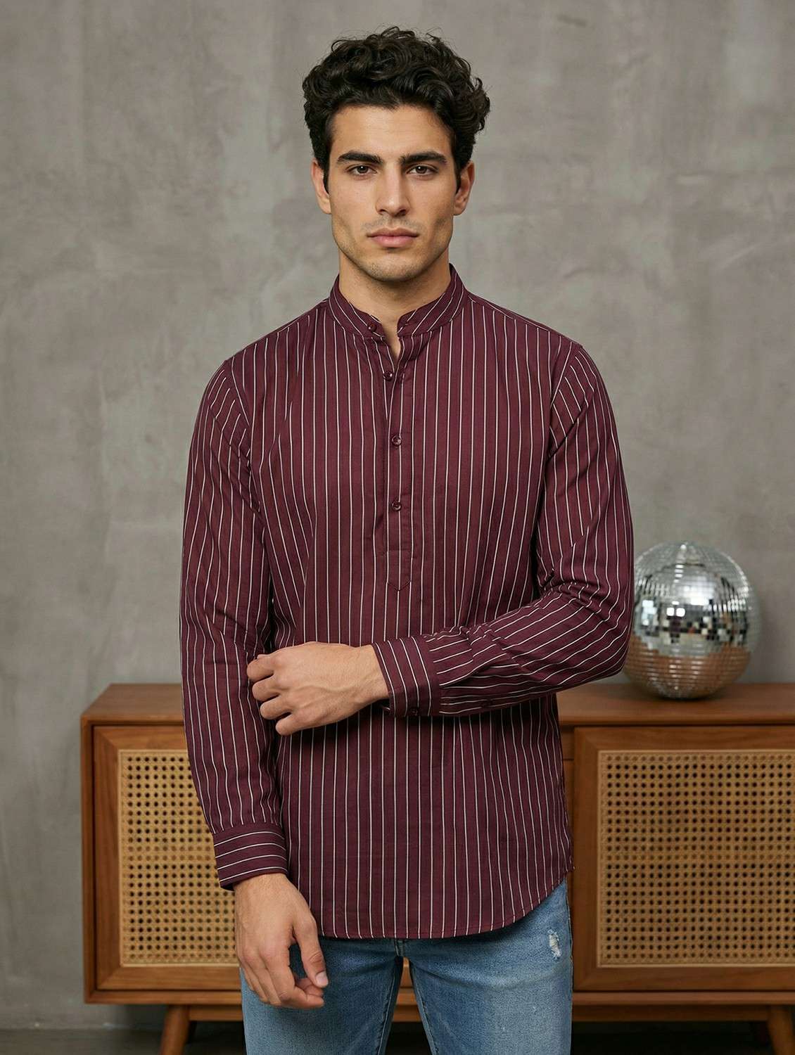 men striped mandarin neck short kurta