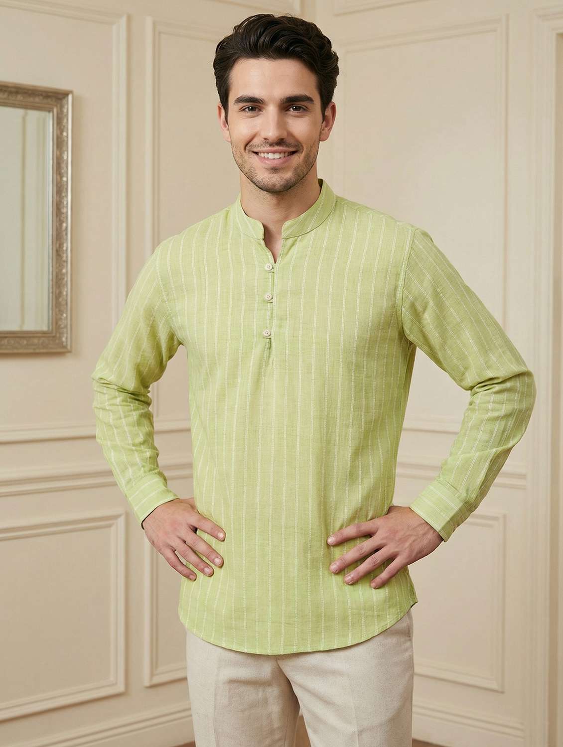 men striped mandarin neck short kurta
