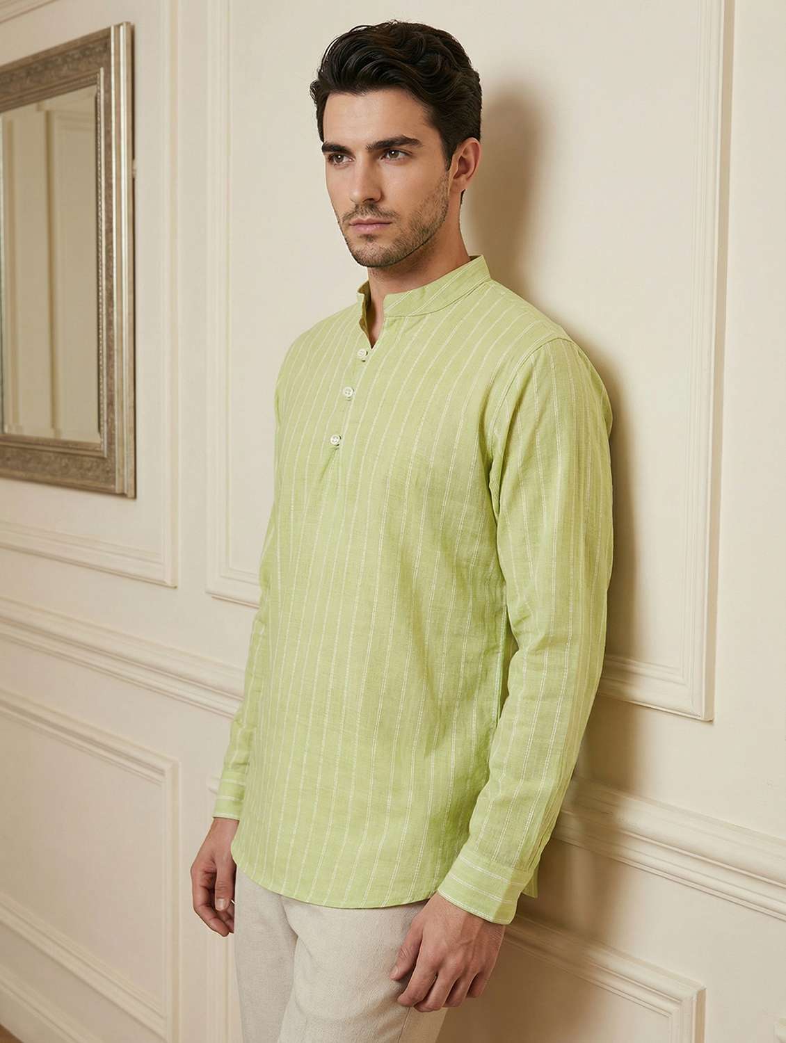 men striped mandarin neck short kurta - 22442924 -  Standard Image - 3
