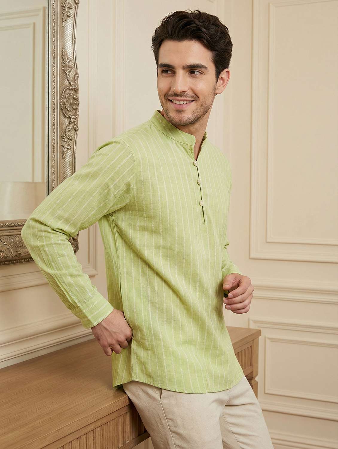 men striped mandarin neck short kurta - 22442924 -  Standard Image - 5