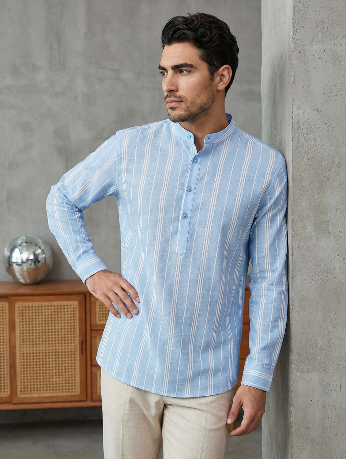 men striped mandarin neck short kurta