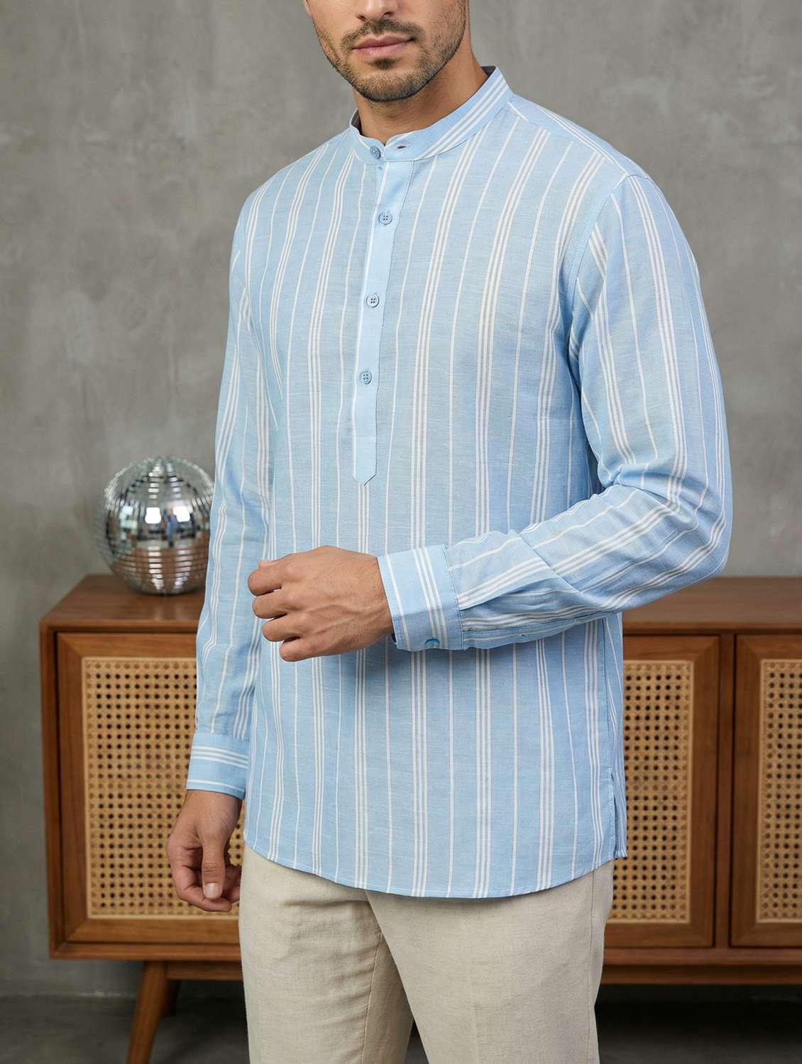 men striped mandarin neck short kurta - 22442926 -  Standard Image - 5