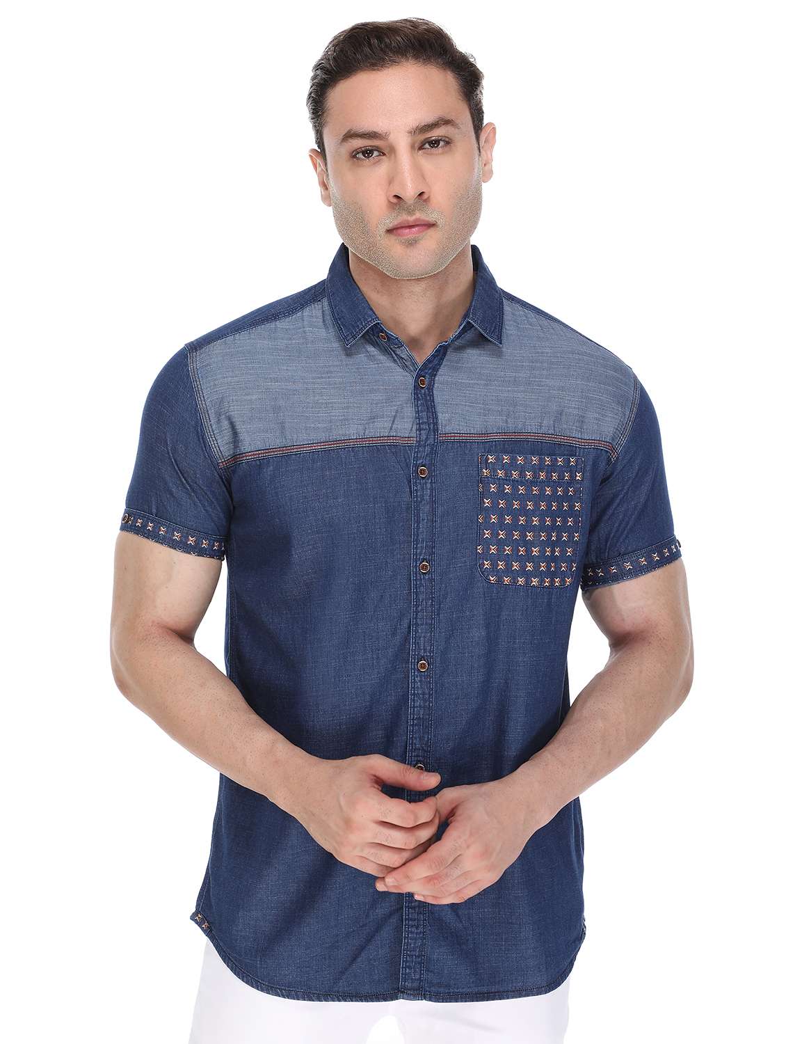 men color block short sleeve slim fit casual shirt