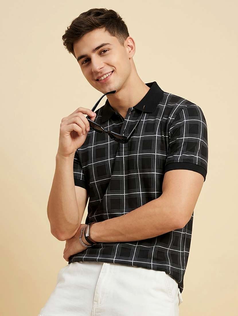 men checkered short sleeve regular fit polo t-shirt