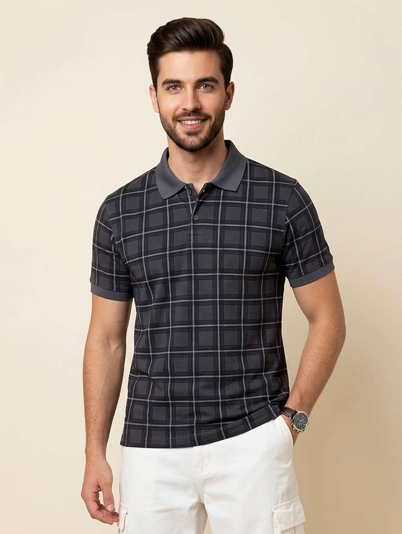 men checkered short sleeve regular fit polo t-shirt