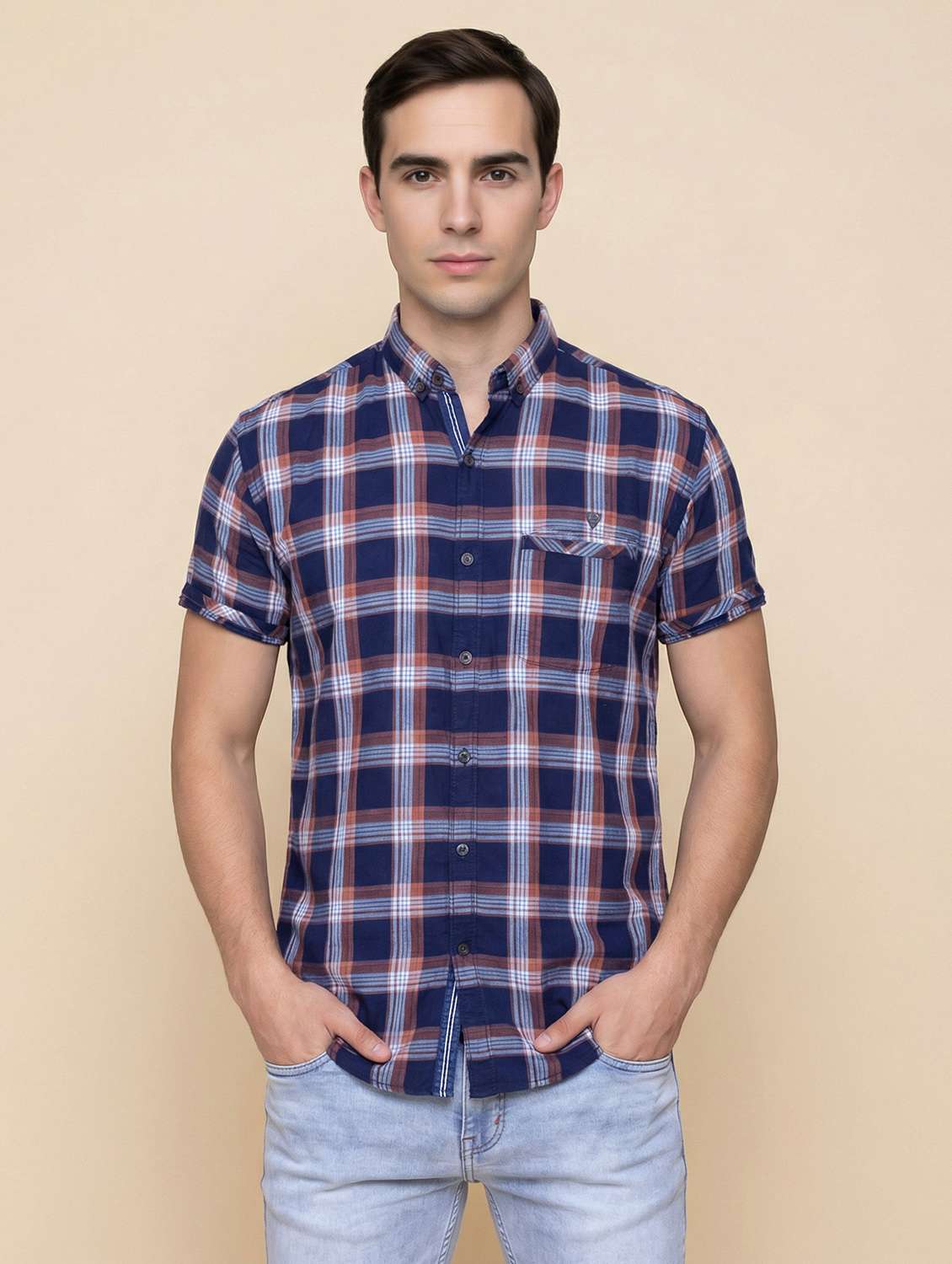 men checkered short sleeve slim fit casual shirt