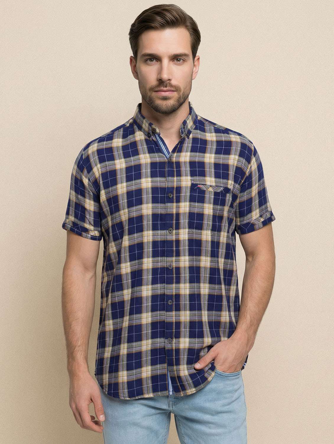 men checkered short sleeve slim fit casual shirt