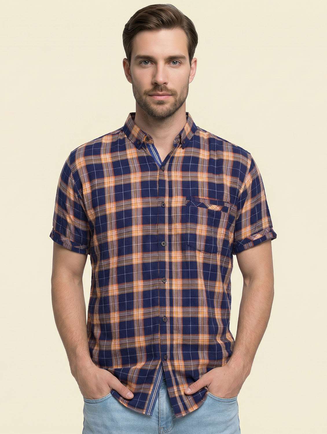 men checkered short sleeve slim fit casual shirt