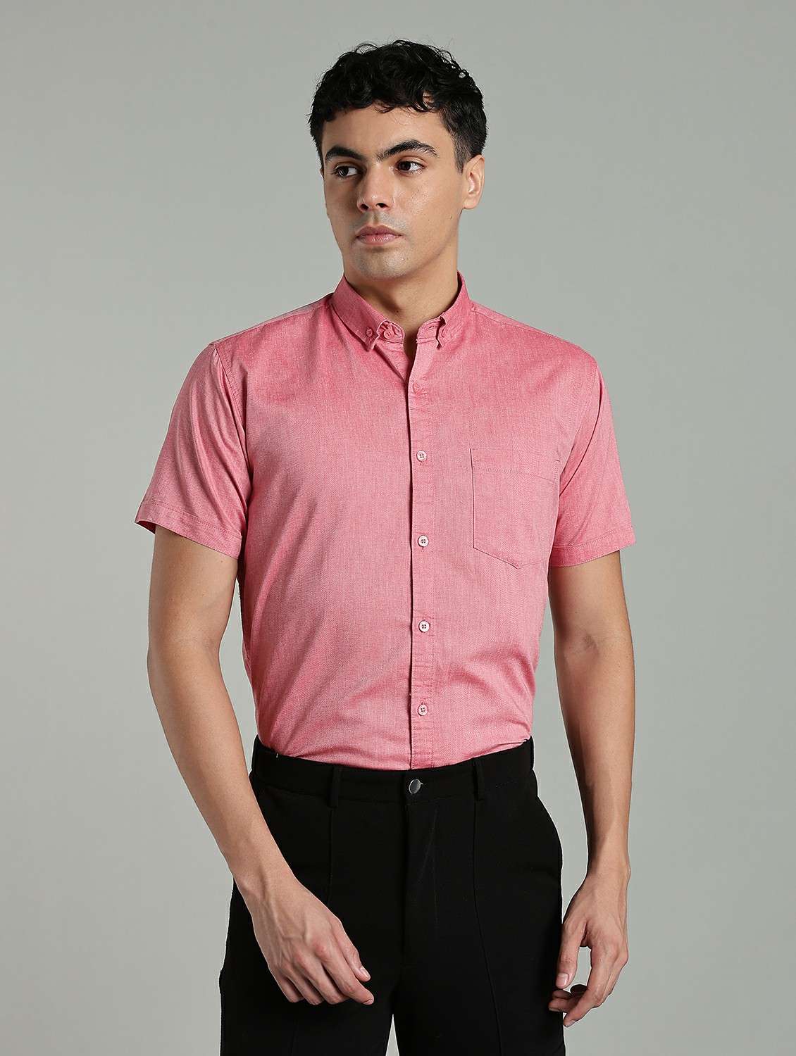 men solid short sleeve slim fit formal shirt