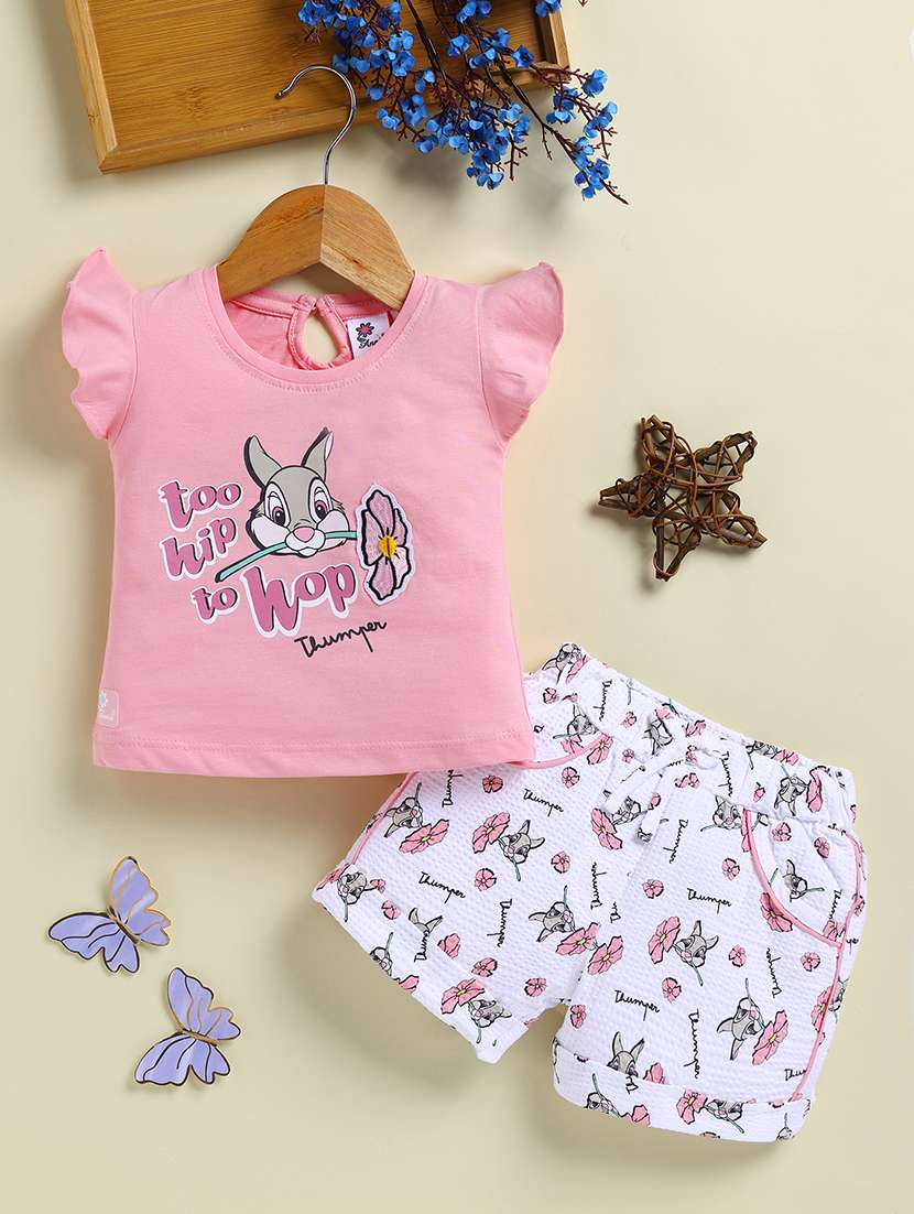 girls printed round neck shorts set
