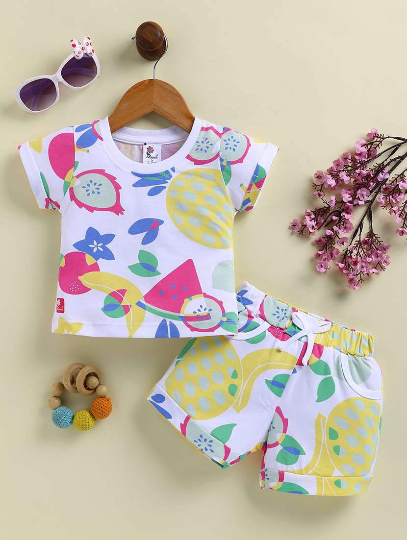 girls white cotton blend shorts & top set co-ord set