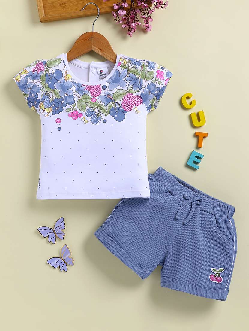 girls blue cotton blend shorts & top set co-ord set