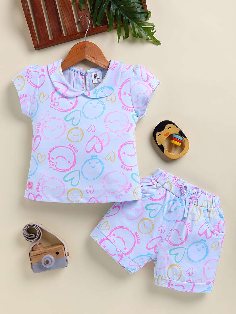 girls blue cotton blend shorts & top set co-ord set