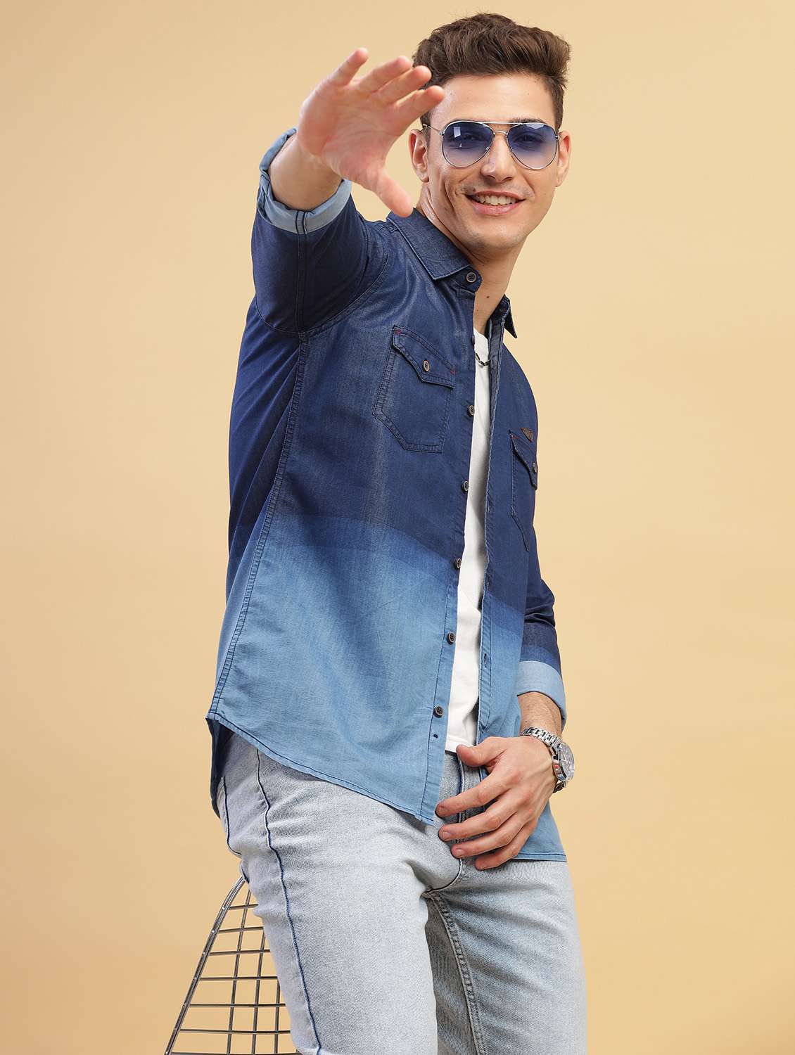 men ombre long sleeve regular fit casual shirt