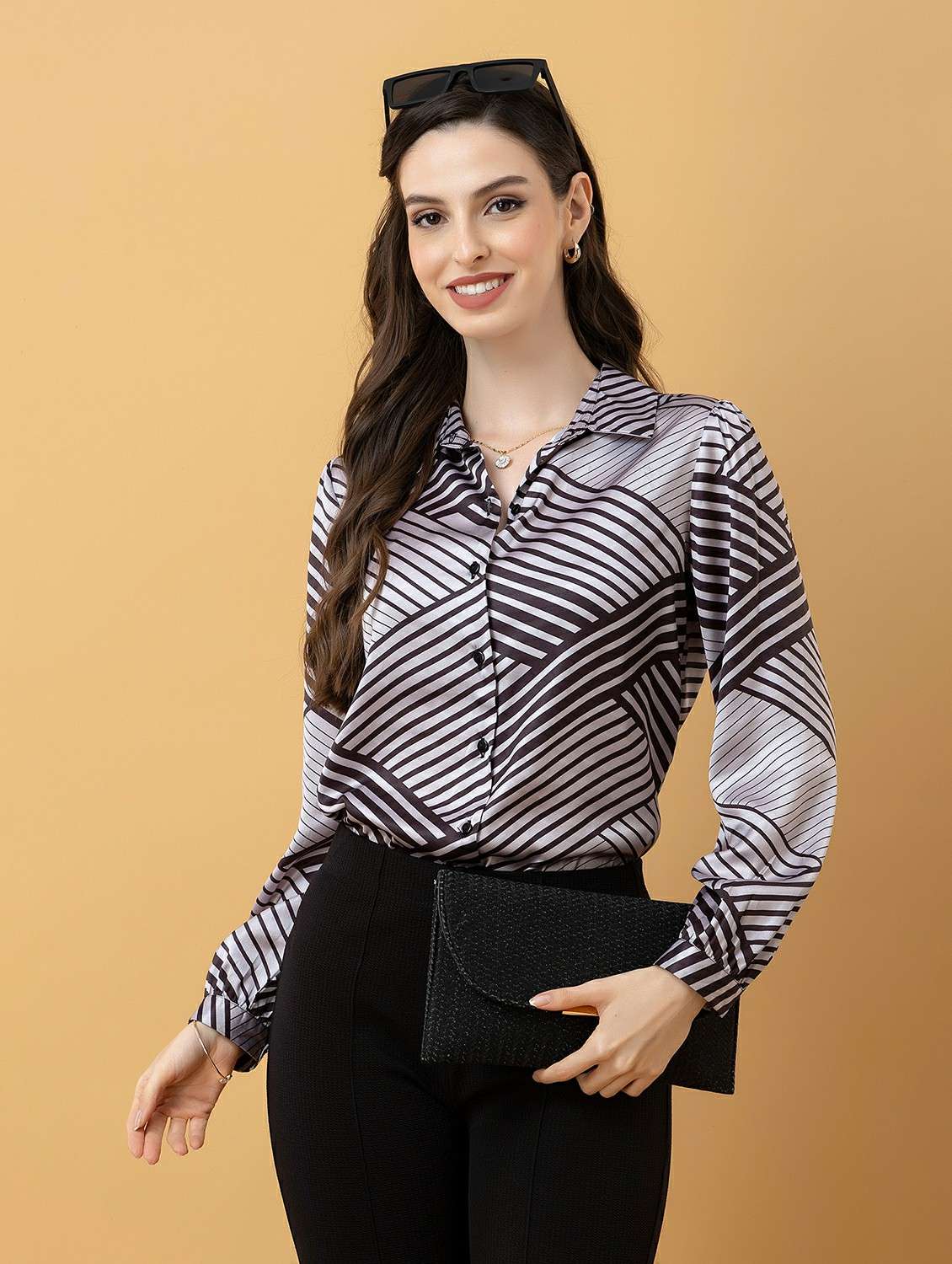 women printed collared long sleeve shirt