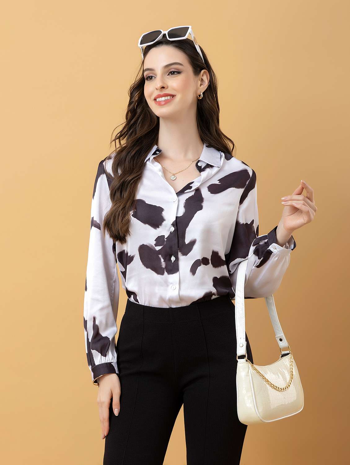 women printed collared long sleeve shirt