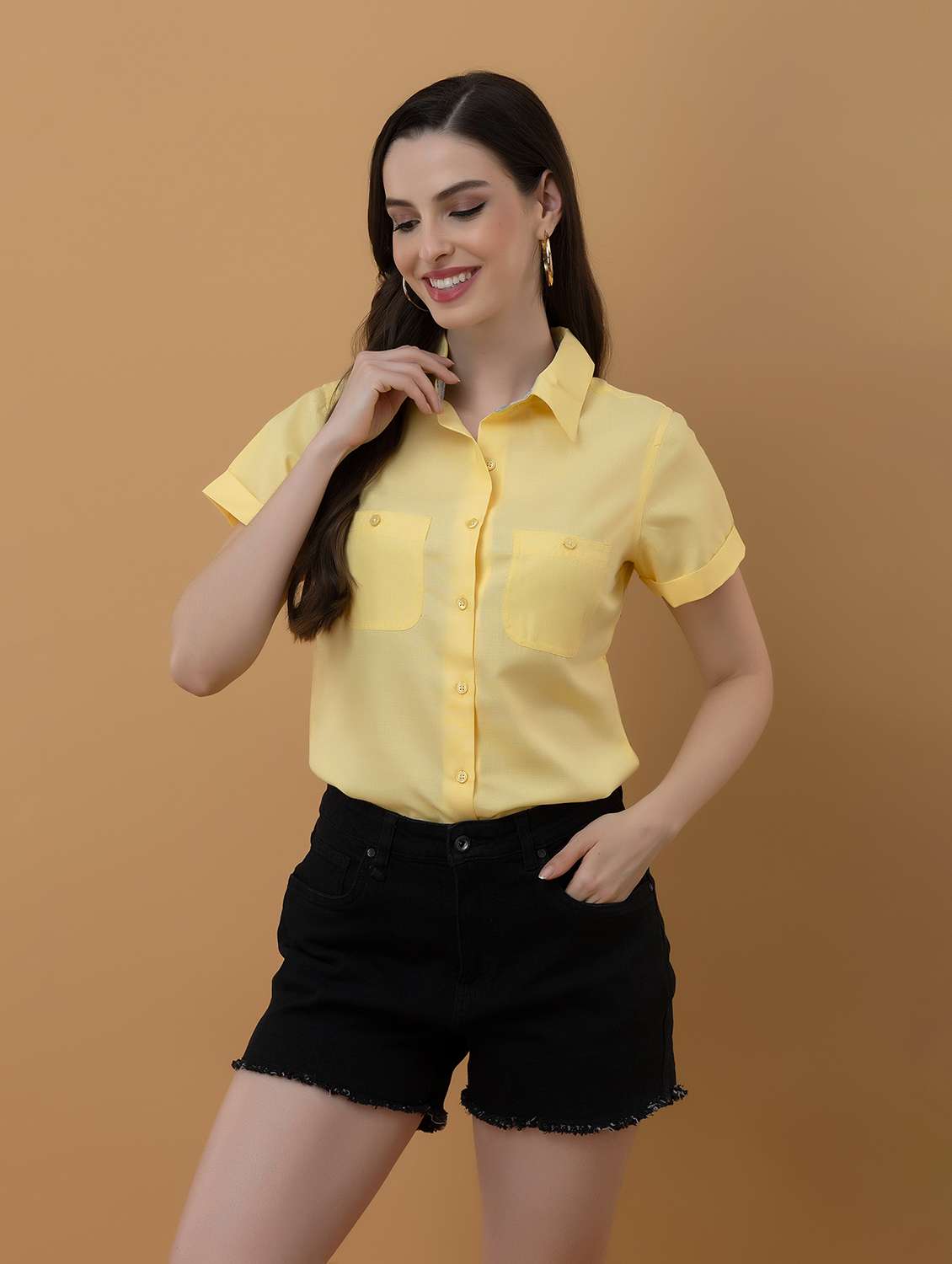 women solid yellow linen blend regular shirt