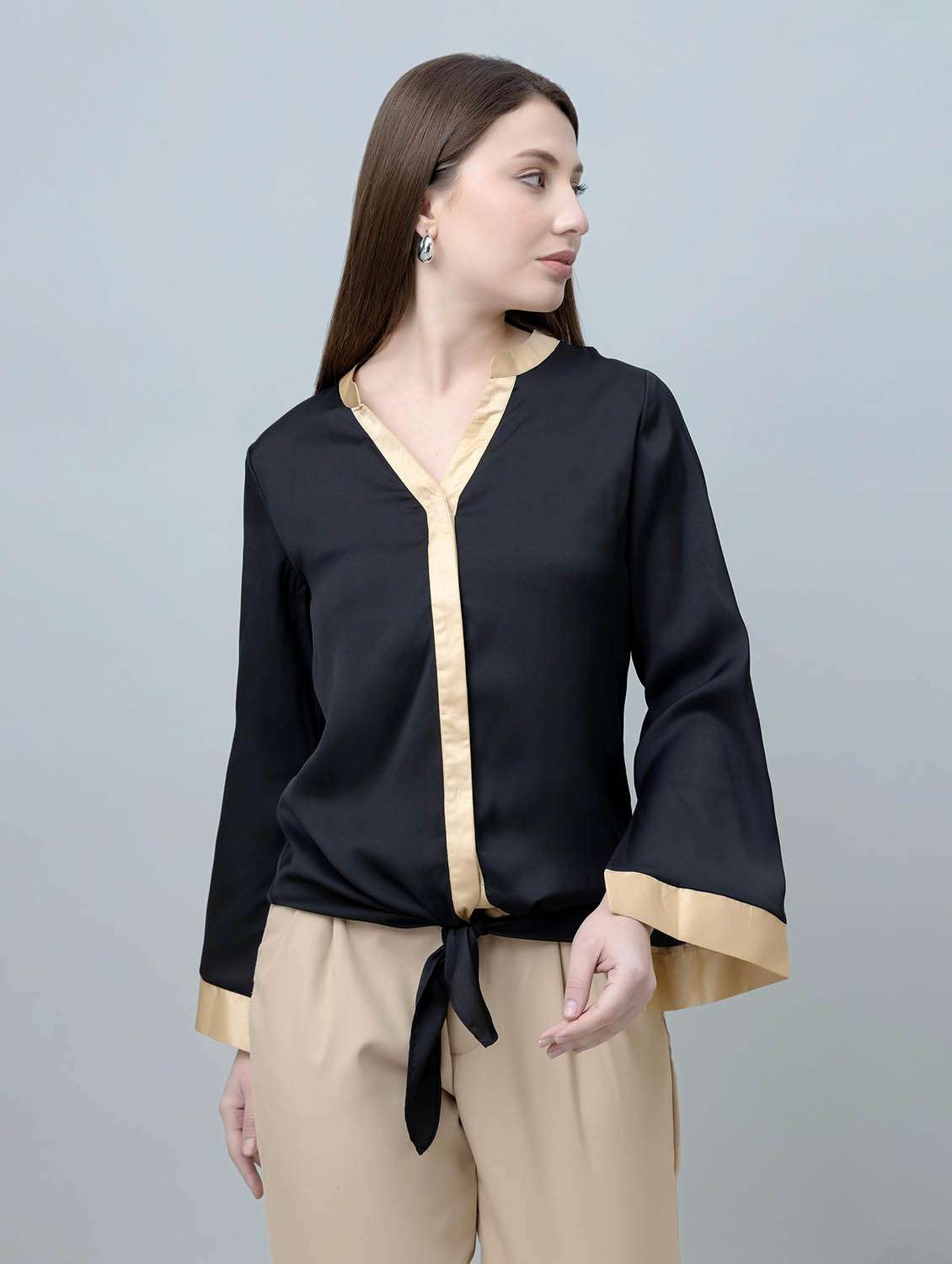 women solid black satin regular shirt