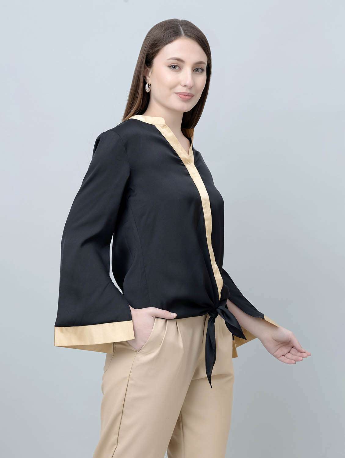 women solid black satin regular shirt - 22443502 -  Standard Image - 3