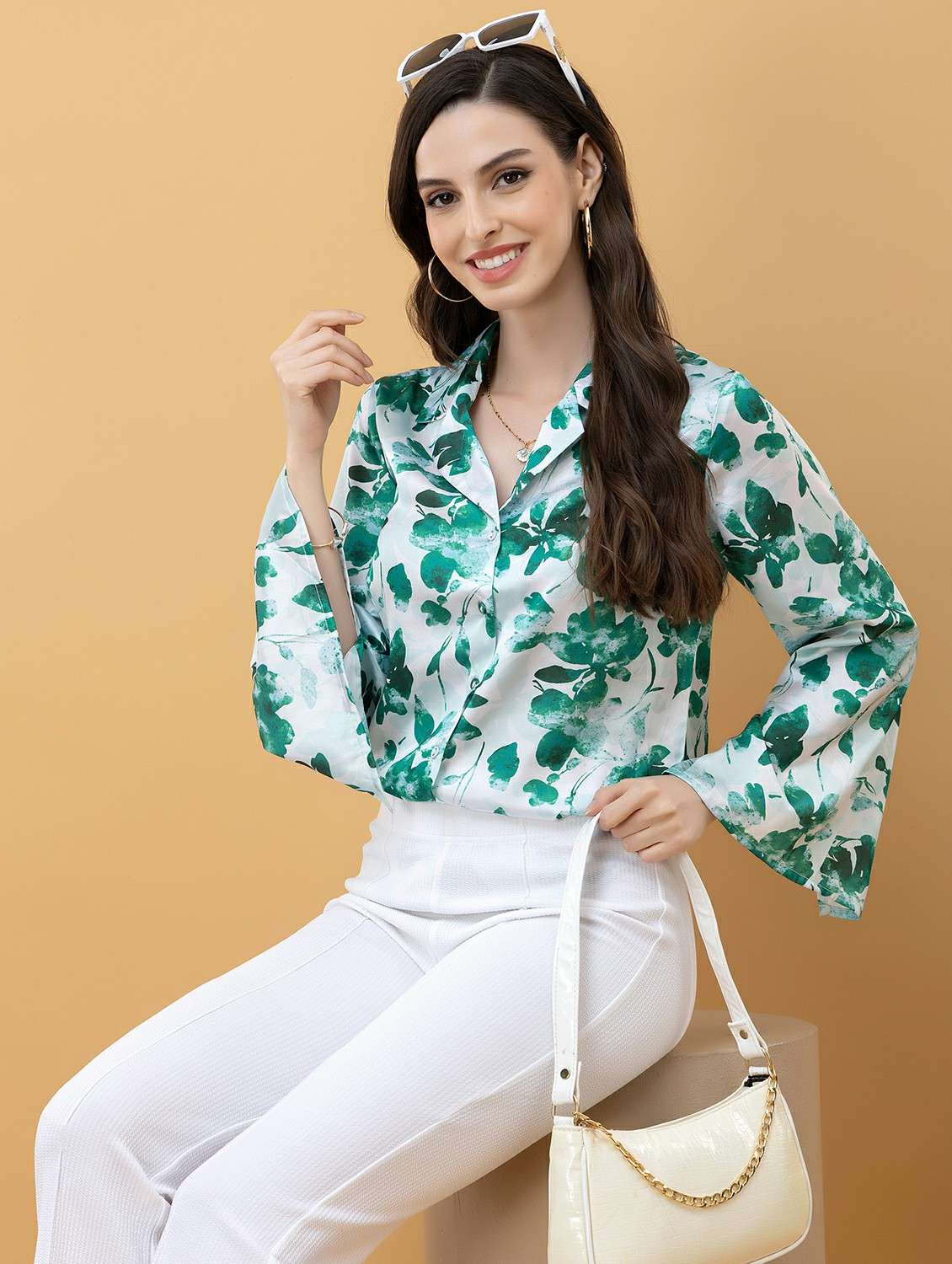 women floral white satin regular shirt