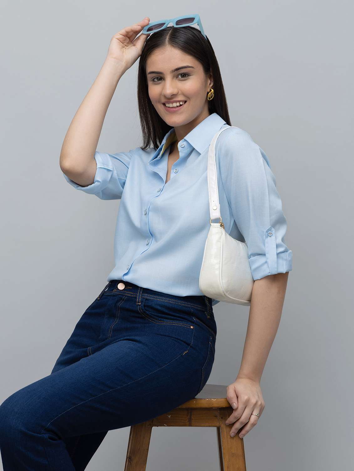 women solid blue linen blend regular shirt