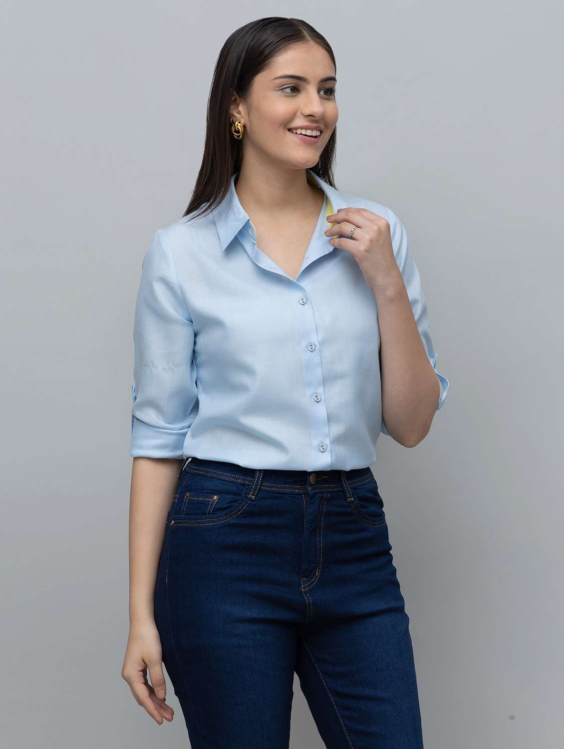 Women Solid Blue Linen Blend Regular Shirt - 22443511 -  Standard Image - 3
