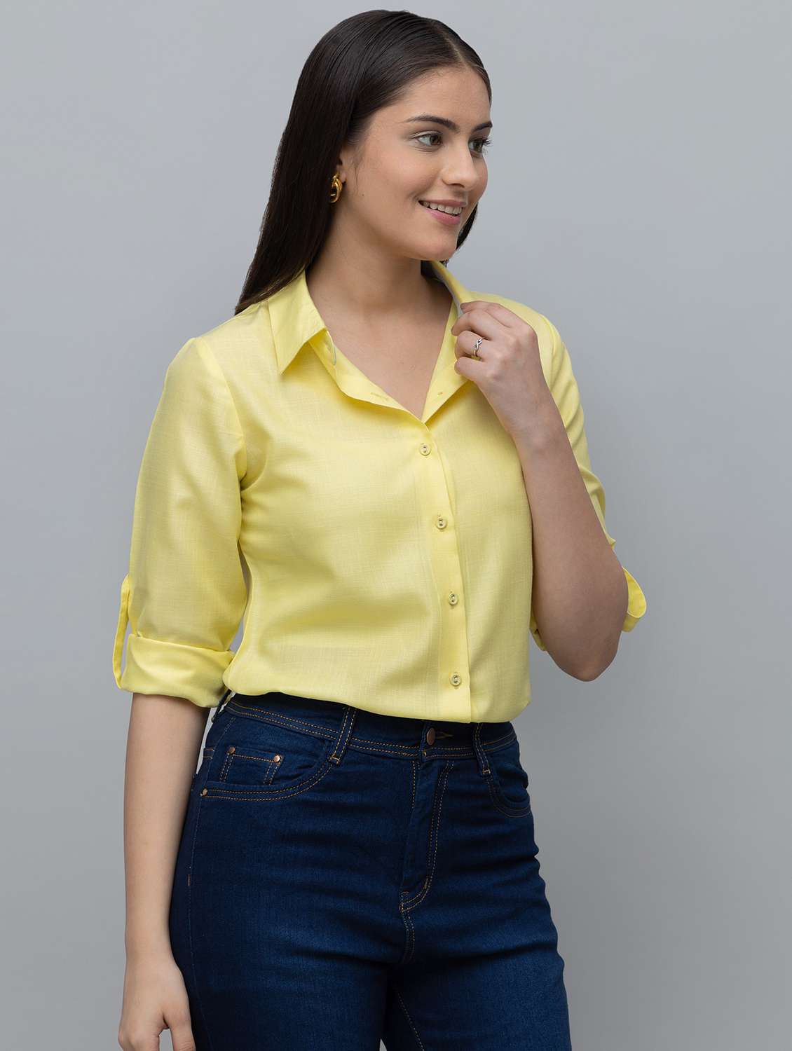 women solid yellow linen blend regular shirt - 22443512 -  Standard Image - 3