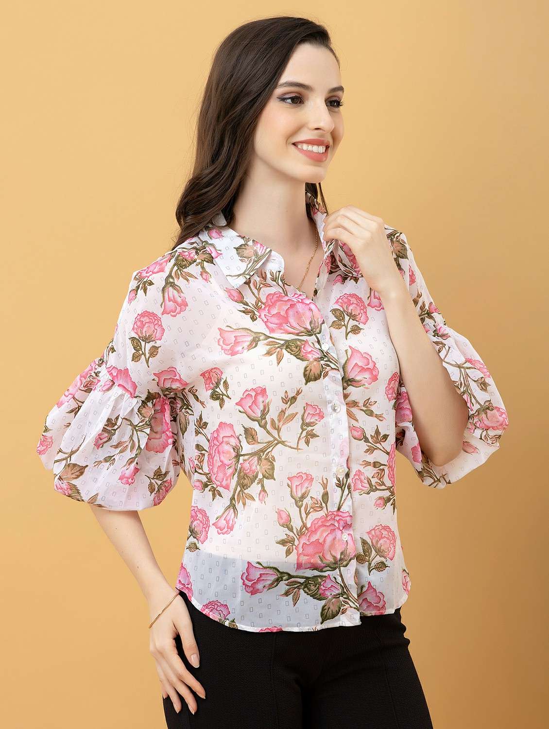 women floral white georgette regular shirt - 22443514 -  Standard Image - 3