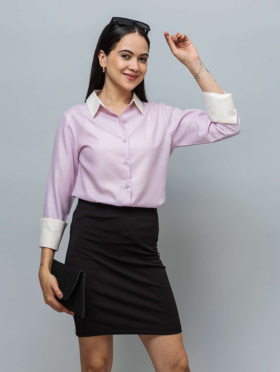 women solid lavender linen blend regular shirt