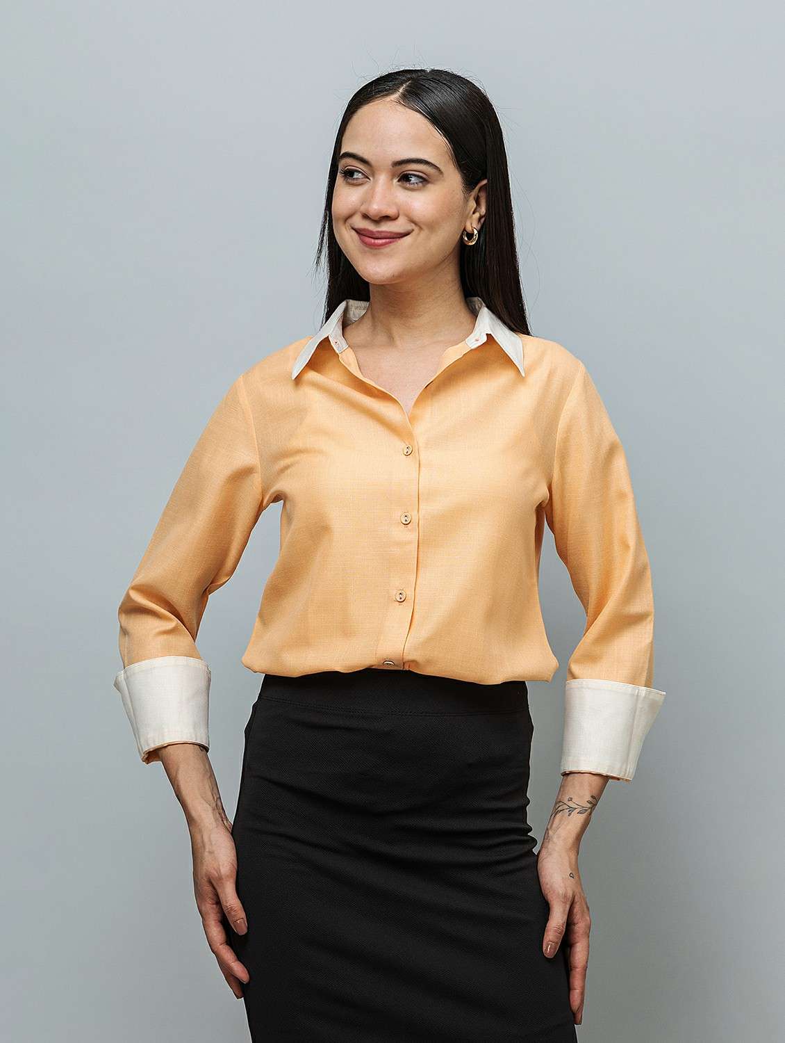 women solid peach linen blend regular shirt