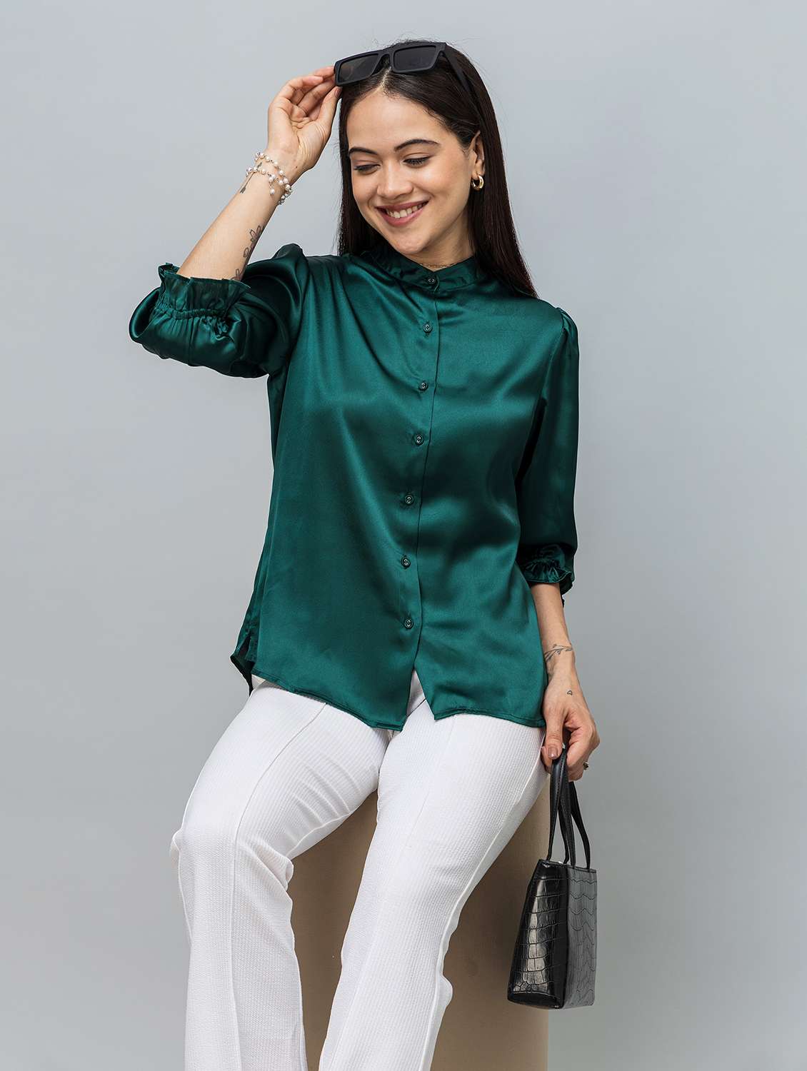 women solid green satin regular shirt